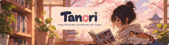 Ilustração de uma leitora com um gato ao lado de uma estante de mangás, com cerejeiras na janela e o logo Tanori